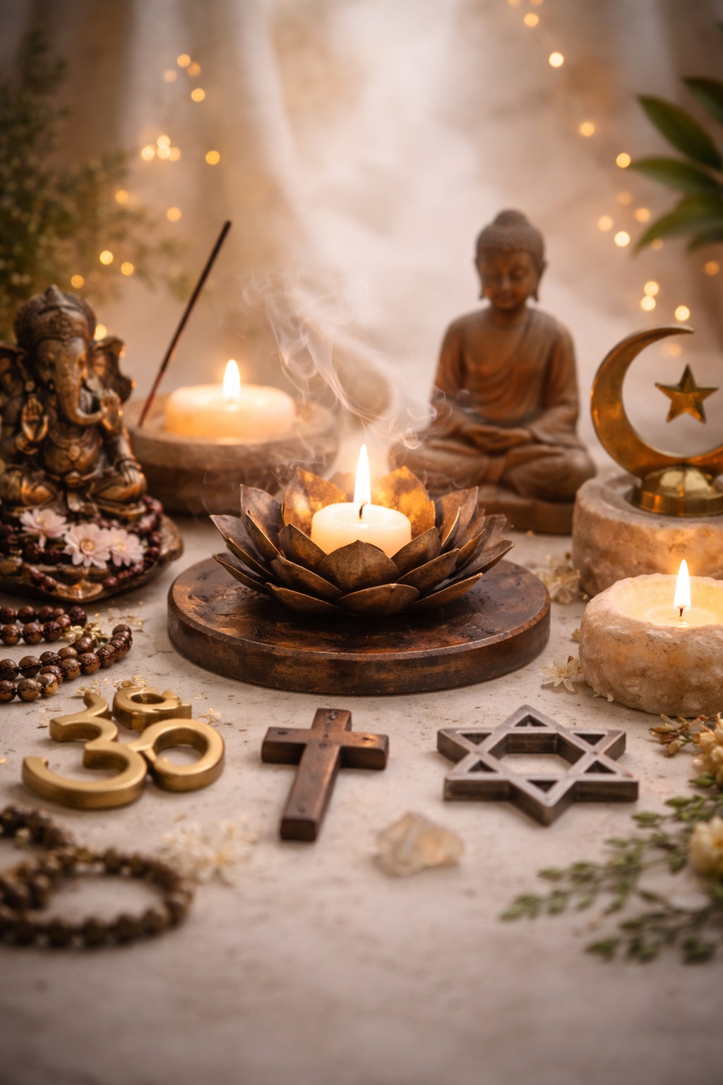 Símbolos universais de espiritualidade representando diferentes tradições religiosas